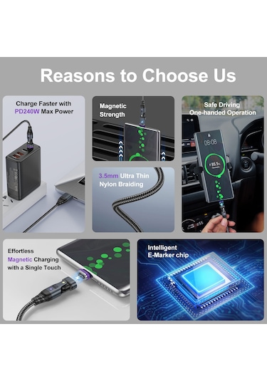 Uslıon Us0204 1m Usb - Tip-c'den Tip-c'ye - Mikro - İp Kablosu Döndürülebilir 240w Manyetik Şarj Kablosu