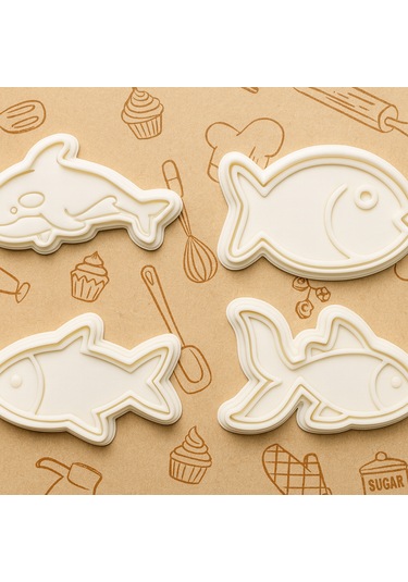 Balık Şekilli Kurabiye Kalıbı Seti - 8 Cm Deniz Canlıları Temalı Kurabiye Ve Fondan Kalıpları Beyaz