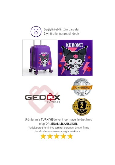 Gedox Kids Kuromi Lisanslı Mor Çocuk Valizi Darbeye Dayanıklı Mor