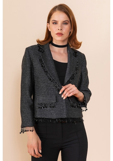 Serpil Exclusive Kadın Püskül Detaylı Kısa Blazer Ceket Siyah