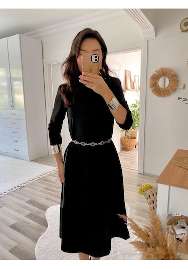 Simala Kadın Uzun Kollu Bisiklet Yaka Midi Ithal Krep Elbise Siyah