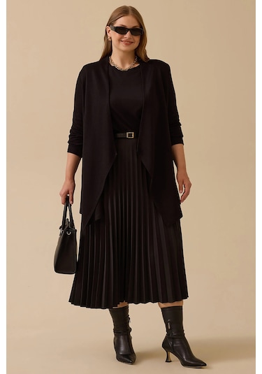 Galaxi Kadın Büyük Beden Asimetrik Kesim Triko Hırka 4004 Siyah Siyah