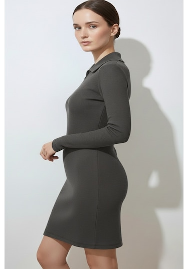 Kadın Fermuarlı Polo Yaka Gri Elbise Çok Renkli