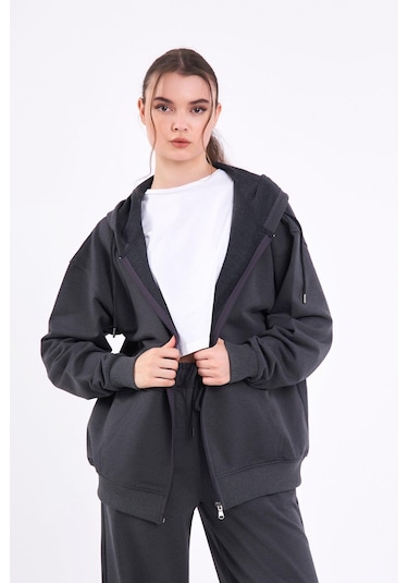 Comeor Antrasit Kanguru Cepli Kapüşonlu Fermuarlı Oversize Kadın Sweatshirt Cmrb73-antrasit Antrasit