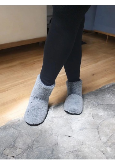 Yumuşak Kaymaz Taban Sessiz Hafif Peluş Panduf Ev Bot Gri