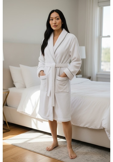 % 100 Pamuklu Laodikeia Şalyaka Bornoz Kadın Erkek Unisex Beyaz