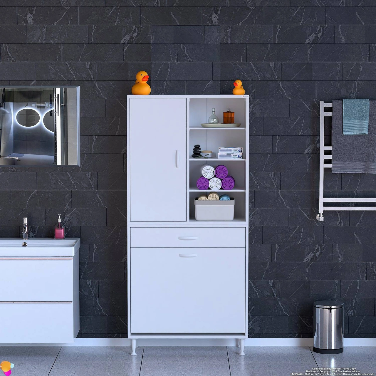 Kayra 1 Çekmece, 2 Göz Sepet, Tek Kapak, 8 Raf Dar Alan Banyo Dolabı 80x173x32,5 Cm Beyaz