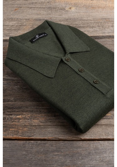 Woolen World Polo Yaka Battal Büyük Boy Yünlü Triko Kazak Yeşil