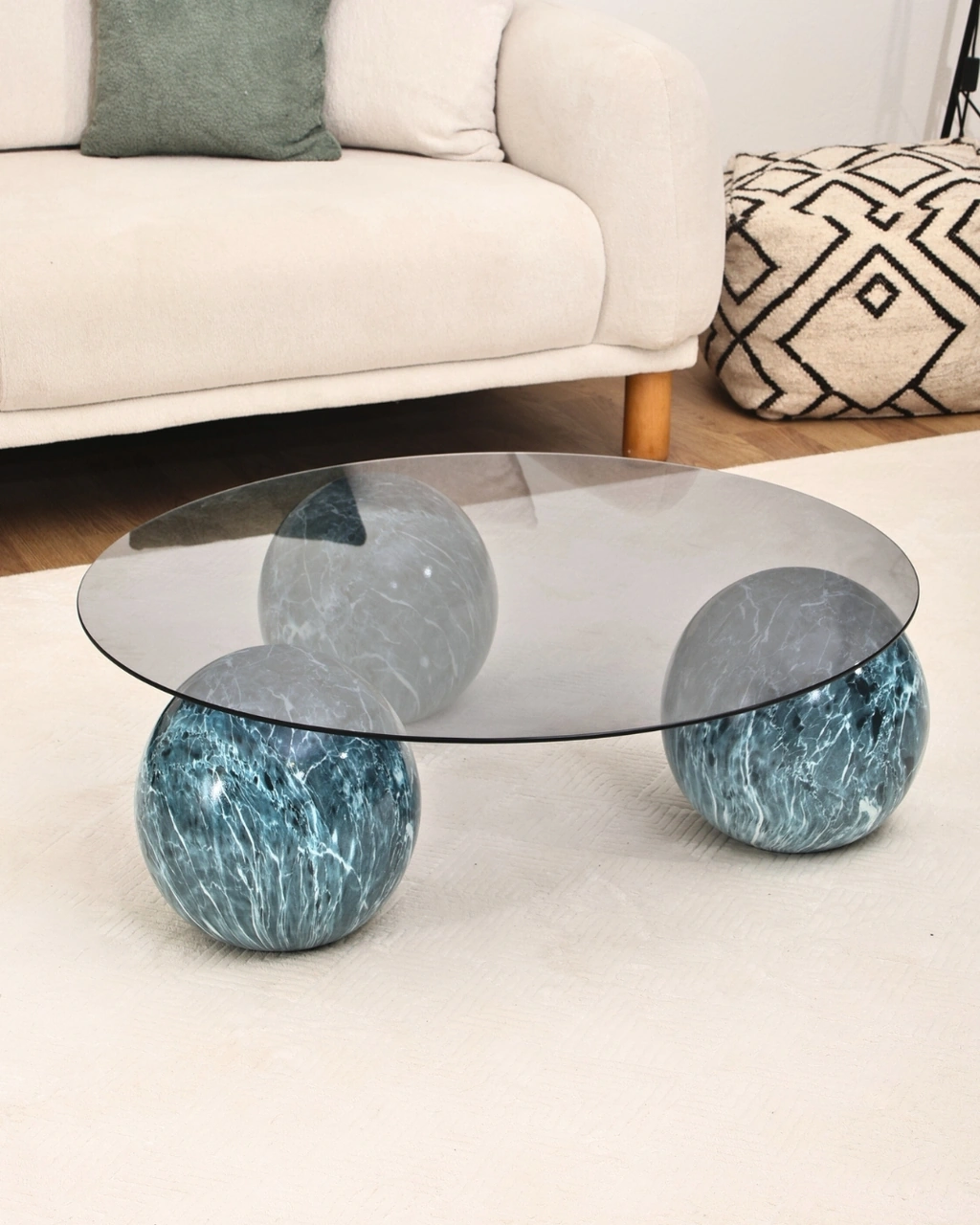 Modern Orta Sehpa & Küre Sehpa & Top Sehpa & Füme Yuvarlak Cam & Ocean Mavi