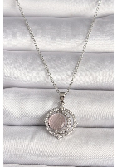 316l Çelik Gümüş Renk Zirkon Taşlı Pembe Sedefli Hilal Model Kadın Kolye Çok Renkli