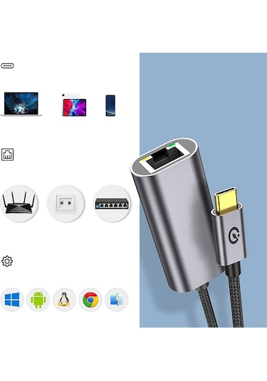Mobilteam Siyah Qg04 Type-c To Rj45 Ethernet Dönüştürücü Kablo 1024mbps 22cm