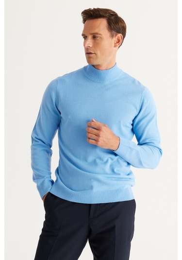 AC&Co / Altınyıldız Classics Erkek Acık Mavı Standart Fit Normal Kesim Yarım Balıkçı Yaka Triko Açık Mavi