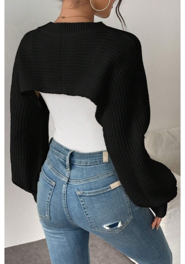 Tarz Cool Kadın Siyah Dekolteli Crop Triko Bolero Siyah