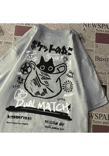 Teekossc 2024 Yaz Kedi Baskılı Harajuku Kawaii Erkek Kadın T-shirt Y2k Streetwearbej Bej