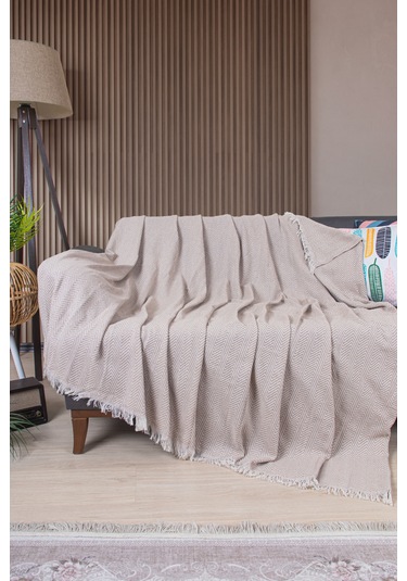 Pamuklu Zikzak Desenli Püsküllü Koltuk Örtüsü 170x210 Cm Dekoratif Ve Çok Amaçlı Bej