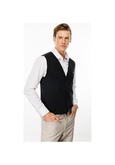 Erkek V Yaka Düz Yün Yelek Antrasit Antrasit
