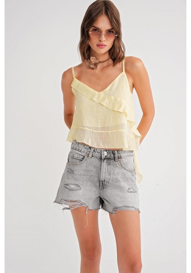 4736 Kadın Fırfırlı Askılı Bluz Sarı Sari