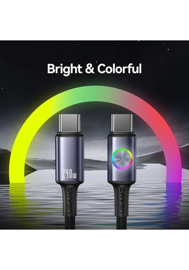 Usams Sj751 240w Tip-c'den Tip-c'ye Renkli Işıklı Alüminyum Alaşımlı Veri Kablosu, Uzunluk: 1,2m