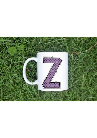 Z Harfi Mor Puantiyeli Kupa Bardak - Polka Dot Tasarım Kahve Çay Bardak - Kişiye Özel Hediyelik Beyaz