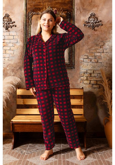 Nisanca Büyük Beden Kışlık Düğmeli Gömlek Pijama Takımı Bordo