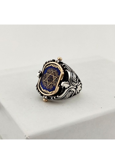 925 Ayar Gümüş Mavi Mineli Çift Taraflı Mührü Süleyman Erkek Yüzük Silver