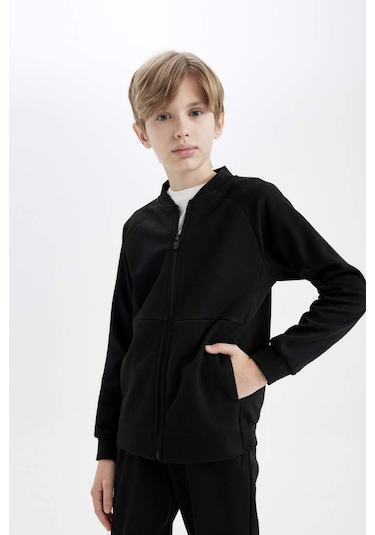 DeFacto Erkek Çocuk Kolej Yaka Fermuarlı Çift Cepli Mevsimlik Hafif Bomber Hırka D0993A824AUBK81