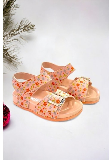Pembe Çiçek Baskılı Tokalı Kız Çoçuk Sandalet 001