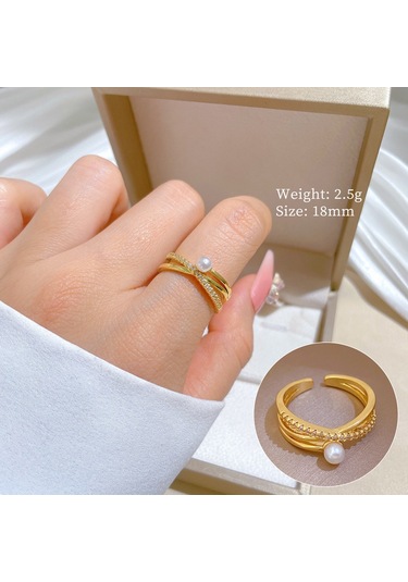 Geometrik Elmas Taşlı Yuvarlak İnci Yüzük No.98 Çok Renkli