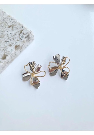 Vip Çift Renkli Çiçek Kadın Küpe Sevgiliye Hediye Altın