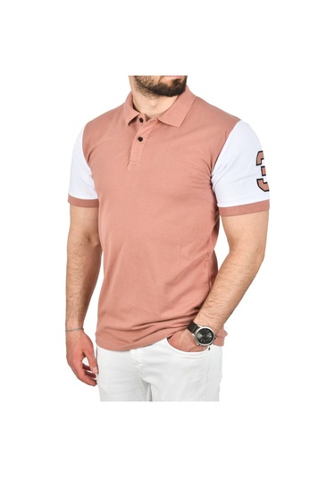 Deepsea Erkek Pudra Dar Kesim Pamuklu Polo Yaka Tişört Slim Fit Nefes Alan Kıvrılmaz Polo Yaka Tişört 2503022 Pudra