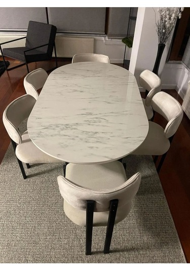 Hobi Beyaz Mermer Görünümlü Oval Masa 6 Sandalye Krem