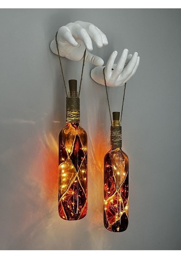 Heykel El Dekorlu Led Işıklı Kahverengi Vitray Cam Şarap Şişesi A Çok Renkli