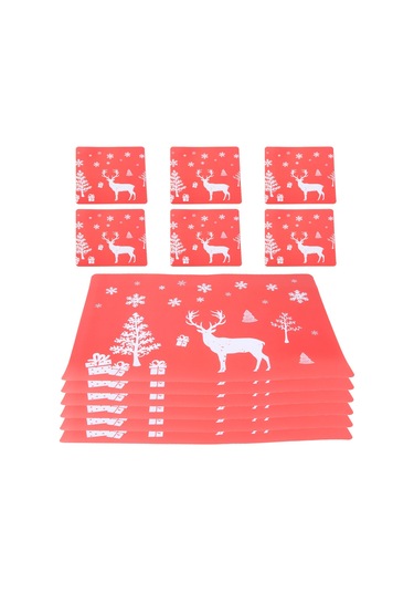 Bairuntong Noel Amerikan Servisi Yıkanabilir Mat Seti 6'lı Amerikan Servisi Ve 6 Bardak Matı Kırmızı