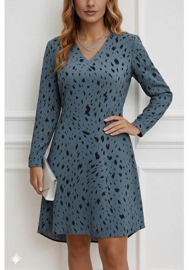 Tua Moda Kadın Uzun Kollu V Yakalı Desenli Kısa Keten Elbise Gri