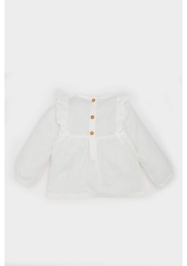 DeFacto Kız Bebek Bisiklet Yaka Floral Flamlı Poplin Uzun Kollu Gömlek E2833A525SPWT32 Beyaz