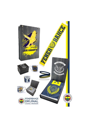 Fenerbahçe Lisanslı Established 1907 Fb Şal Atkı Kupa Ve Bileklik Set Hediyelik Kutulu Sarı - Lacivert