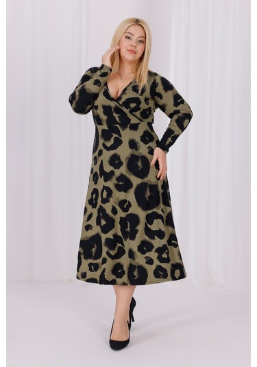 Kadın Haki Yeşil Leopar Desen Kruvaze Yaka Büyük Beden Esnek Maxi Elbise Haki