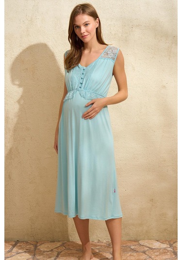 Sıfır Kol V Yaka Viskon Çiçek Desenli Yazlık Uzun Dantel Detaylı Hamile Gecelik Sabahlık