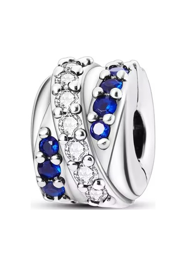 Beyaz Ve Mavi Taşlı Sarmal Klips Charm Gümüş