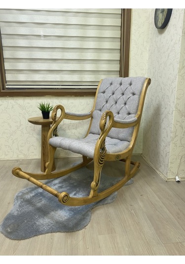 Asedia Vintage Kuğu Naturel Taş Rengi El Oyması Ahşap Sallanan Sandalye Dinlenme Koltuğu