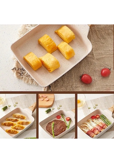 Xuweiwei Beyaz Renkli Ahşap Saplı Japon Tamagoyaki Tavası - Yapışmaz Kare Omlet Ve Yumurta Rulosu İçin