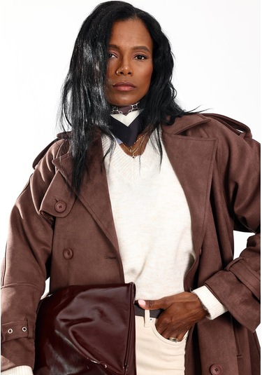 Kahverengi Kruvaze Yaka Süet Kaban 9608 Kahverengi