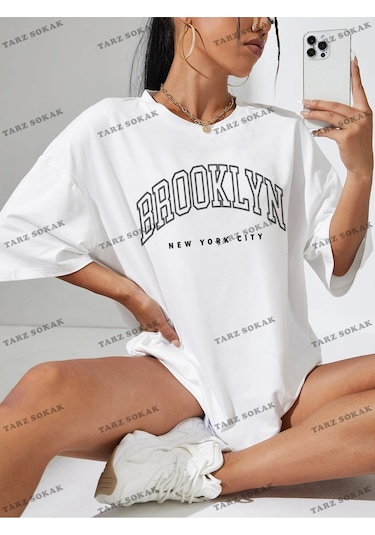 Adrift Brooklyn Baskılı Oversize Kalıp Unisex T-shirt Beyaz
