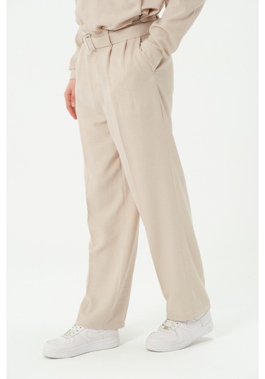 Erkek Yıkamalı Keten Bol Paça Pileli Yeni Sezon Pantolon Bej