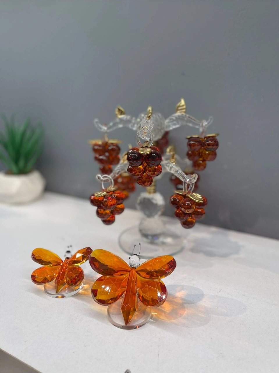 Dekoratif Kristal Cam Ikili Kelebek Biblo Turuncu .