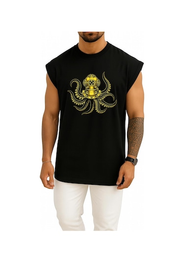 Bahriyeli Collection Oversize Steampunk Octopus Dalgıç Başlığı Göğüs Ve Sırt Baskılı Atlet Siyah
