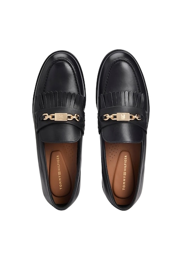 Th Chain Fringe Kadın Deri Siyah Loafer-9527 Siyah