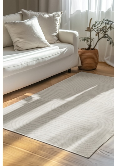 Revna Ekru Yıkanabilir Halı Kaydırmaz Tabanlı Pamuk Dokuma Salon Mutfak Koridor İçin Ekru