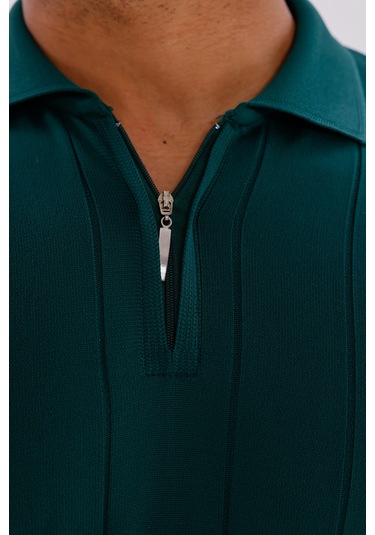 Monox Erkek Yarım Fermuarlı Polo Yaka Triko Kazak Zümrüt