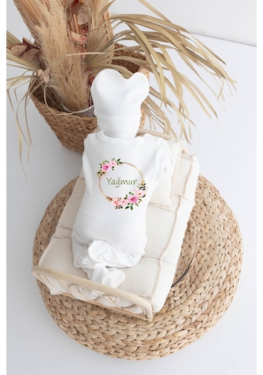 Bebewini %100 Pamuk Baskılı 11'li Isimli Organik Bebek Hastane Çıkış Ekru